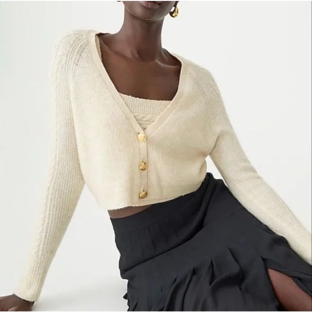 J. Crew Supersoft Cable Knit Wool V-Neck Cardigan in Ivory Size M